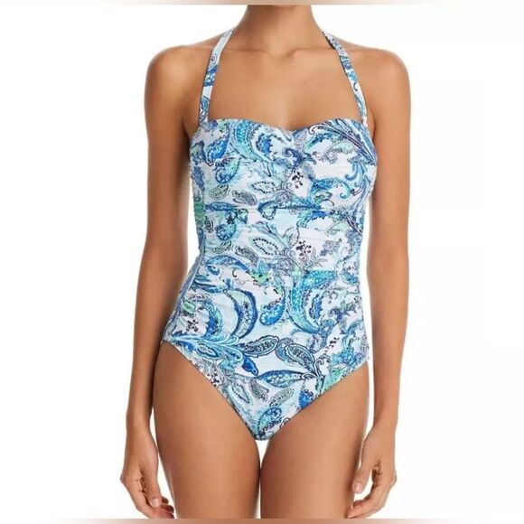NEW Lauren Ralph Lauren Swimsuit One Piece Paisley Blue Halter Ruched Size 6 - Picture 1 of 7